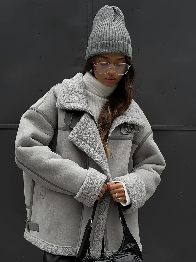 Winter Thicken Lamb Fur Wool Jacket New Splicing Streetwear Motorcycle Biker Coat Women Warmer Sheepskin Loose Outerwear