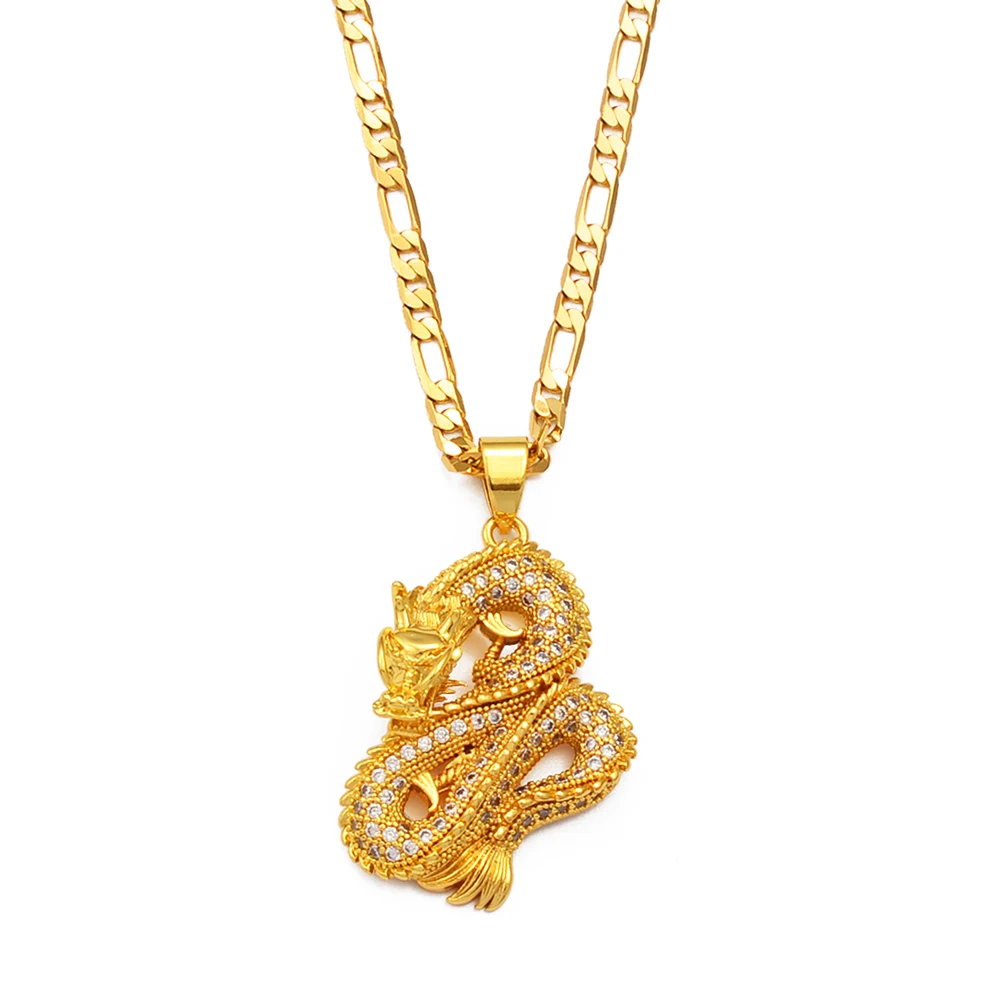 Anniyo Dragon Pendant Necklaces Women Men Gold Color Jewellery Cubic Zirconia Chinese Cultural Ornaments Mascot Lucky #123125