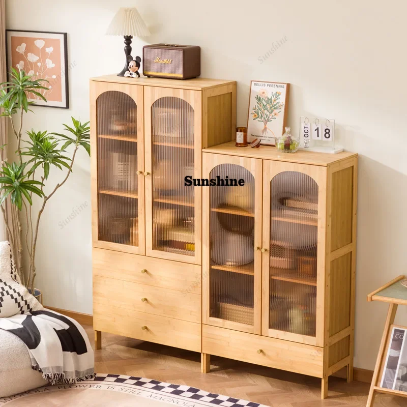 

Kitchen Side Cabinet Bookcase with Glass Door Log Oak Household Bookshelf Floor to Floor Shelf FT