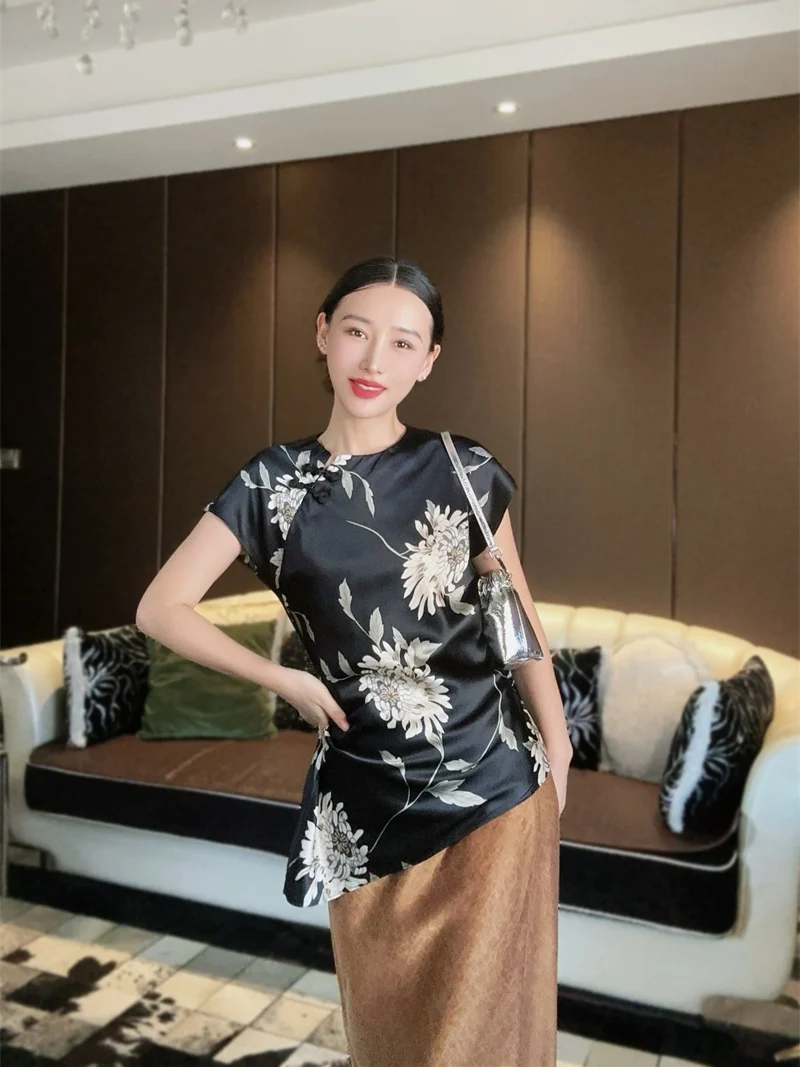 

Асимметричный шелковый женский топ с принтом, удобный, подчеркивающий талию, винтажный, для повседневной носки, с коротким рукавом, круглым вырезом U5043