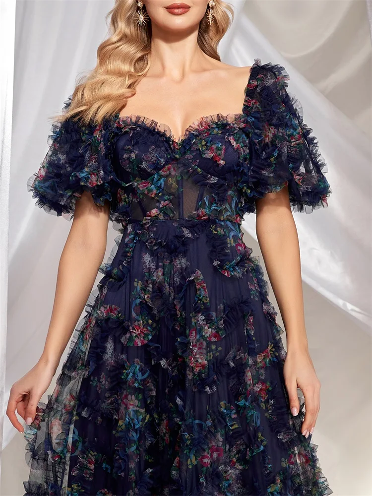 Lucyinlove-Robe de Soirée de Forme Sirène en Mousseline, Tenue de Bal Formelle, Manches Courtes, Florale, Longue, Éducative, à la Mode, 2024