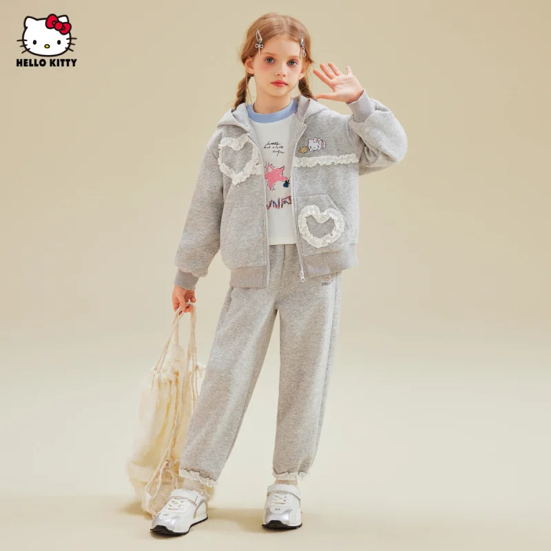 

【Officially authorized】HelloKitty Spring and Autumn Gray Two-piece Set New sweet and cute sports set Heart-shaped Lace Design Pe
