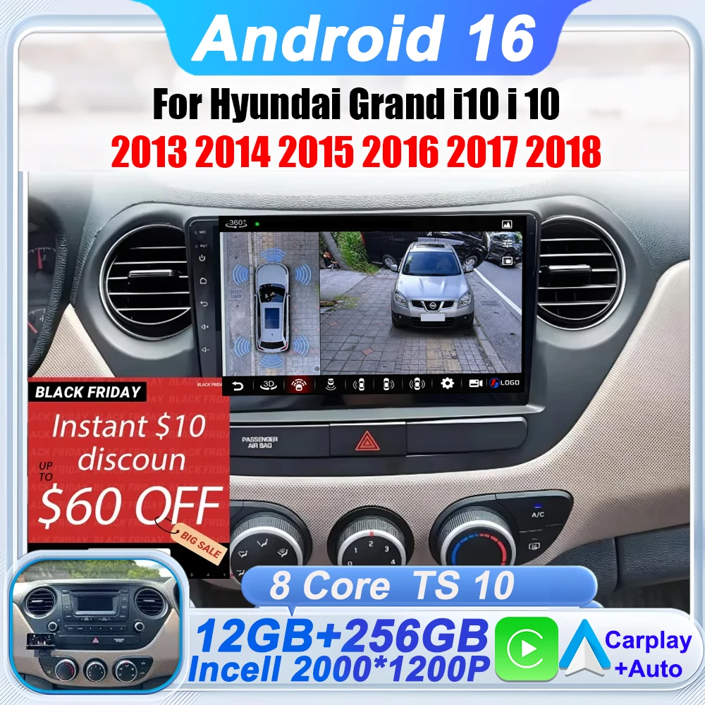 Radio para Auto Android 16 para Hyundai Grand I10 I 10 2013 2014 2015 2016 2017 2018, Reproductor Multimedia con Carplay Inalámbrico, Reproductor de Video, Bluetooth 1