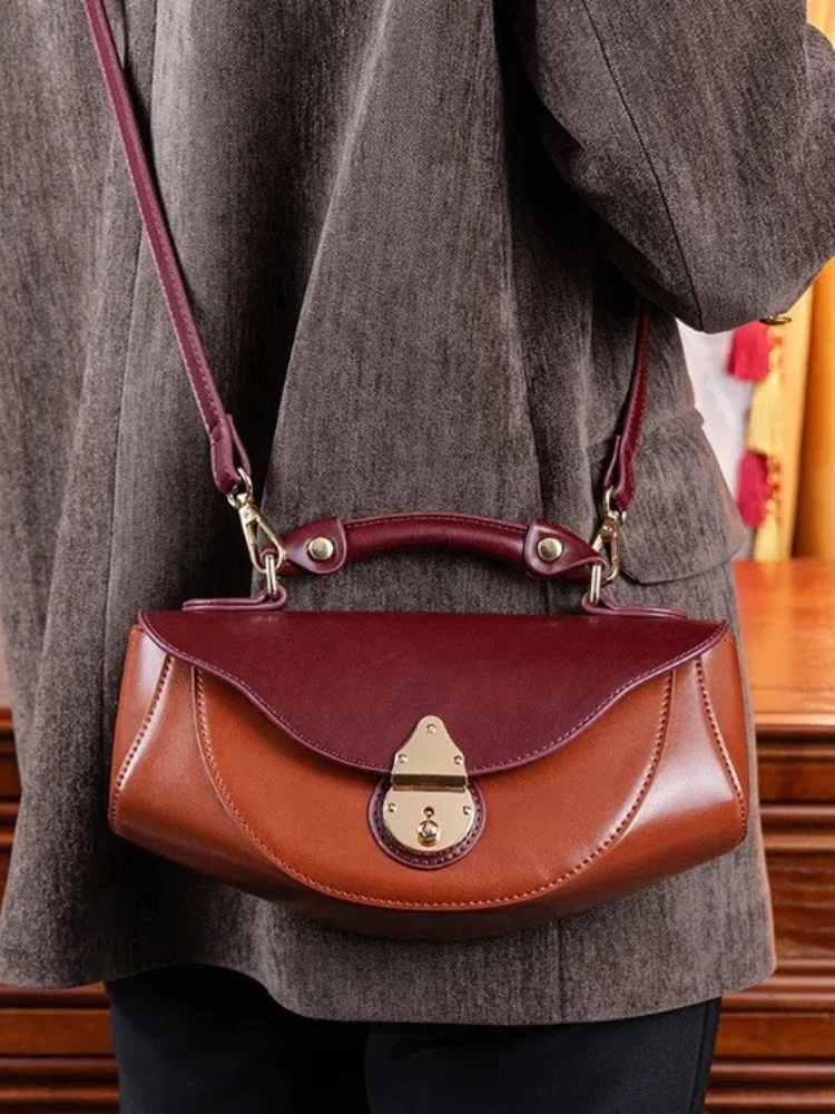 

New Retro Small Boat Bag Messenger Bag Genuine Leather Handbag Shoulder Bag Women's Bag 2025 Spring and Summer