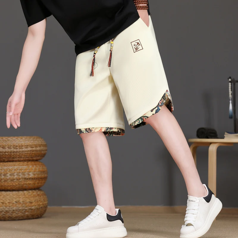 

New Chinese Sle Ice Silk Men's orts Summer Sport Casual Thin Five-Point Loose Haome Middle Pants Straight Leg Pants