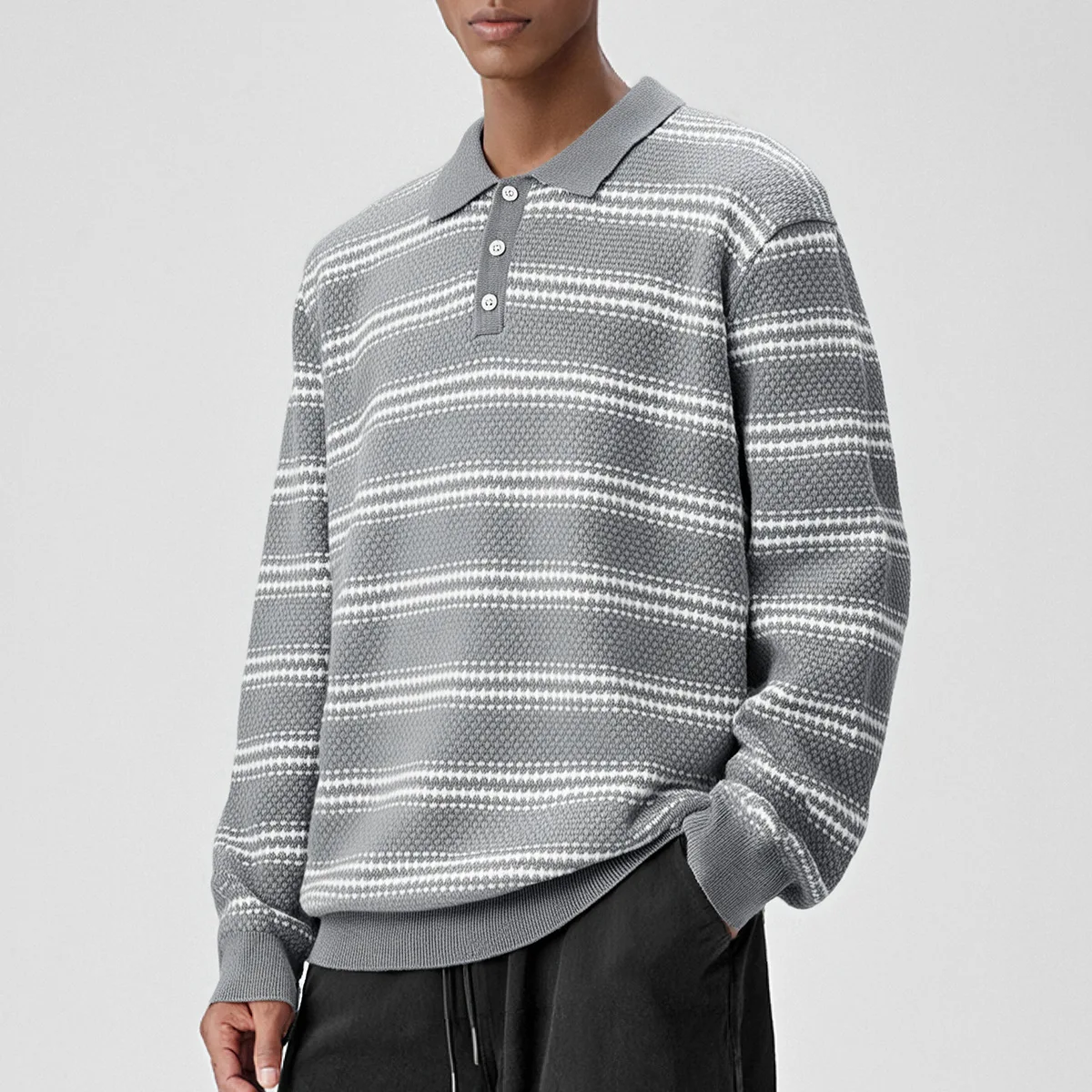 

Осенний повседневный свитер в полоску, мужской корейский модный винтажный уличный свободный пуловер, вязаная рубашка-поло, свитера, джемперы, топы