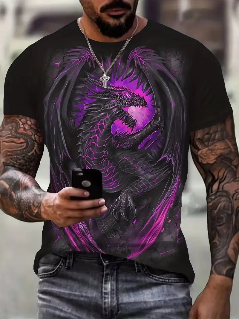 Heiß begehrtes schwarzes, gruseliges und dominantes Drachenmuster 3D-gedrucktes T-Shirt, Streetwear, Herren-Oberteil, lässige Mode, O-Neck-T-Shirt