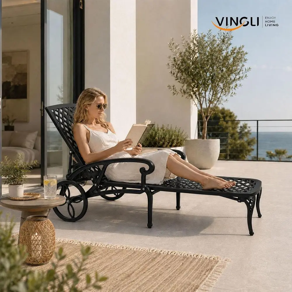 Cast Chair with Wheels, Patio Chaise Lounges with 3-Position Adjustable Backrest, Pool Lounge Chair Reclining Chairs or Poolside