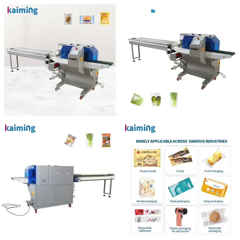 Automatic Pillow Packing Machine with Conveyor Belt for Mobile Packaging of Bread Candy Fruits Vegetables Soap Masks Food