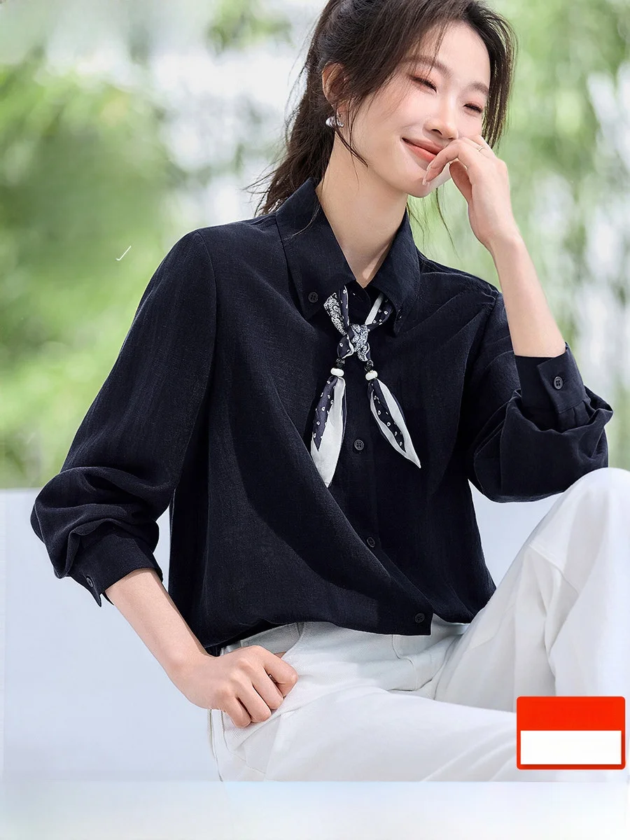 

Ele irt Sle Jaet with Detachable Silk Scarf Elastic Hemline Linen Material Spring New Arrival Women's Faion Outer...