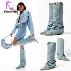 Cowboy Boots Women 2023 New Fashion European Style Pointed Toe Denim Mid Calf Boots Causal Dress Street Fashion Boots Elegant