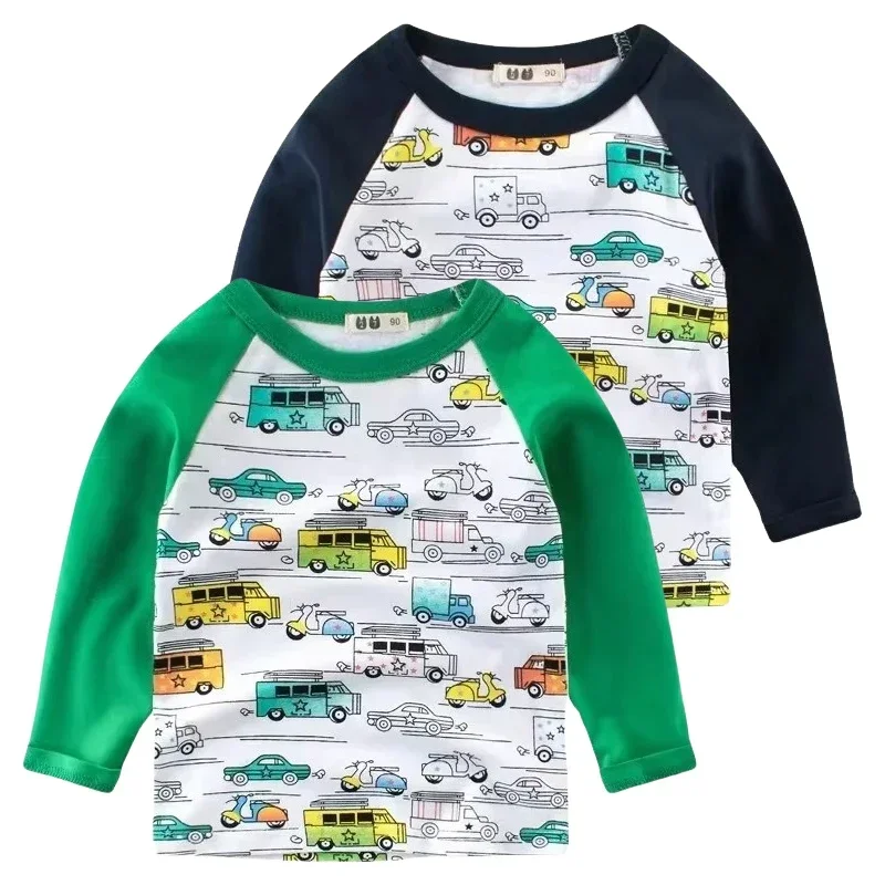 2025 Spring Autumn New All Over Print Long Sleeve T Shirt Boys Children's Cartoon Car Cotton Tops Tees T-Shirt Kids Clothes 2-9Y