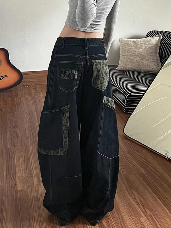 American Retro Leopard Print Patchwork Wide Leg Straight Cut Jeans Women's Fashion Design Spring Autumn New Style Casual Cott...