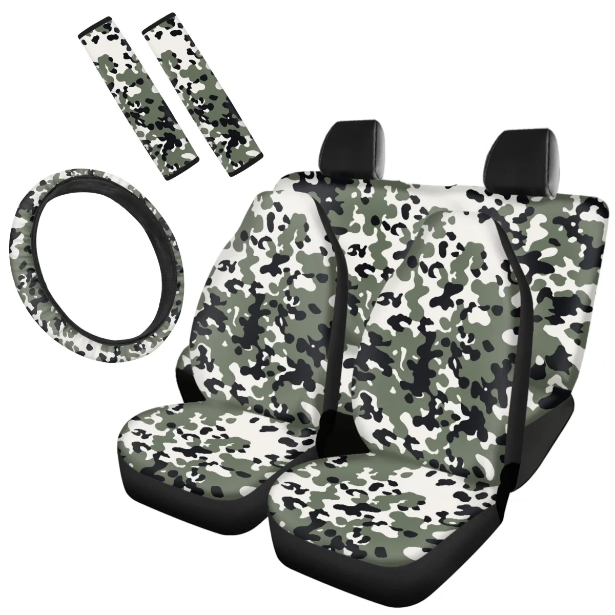 Car Front Rear Seat Cover Camouflage Milk Spots Print Seatbelt Steering Wheel Women Men Auto Interior Accessories para vehículos