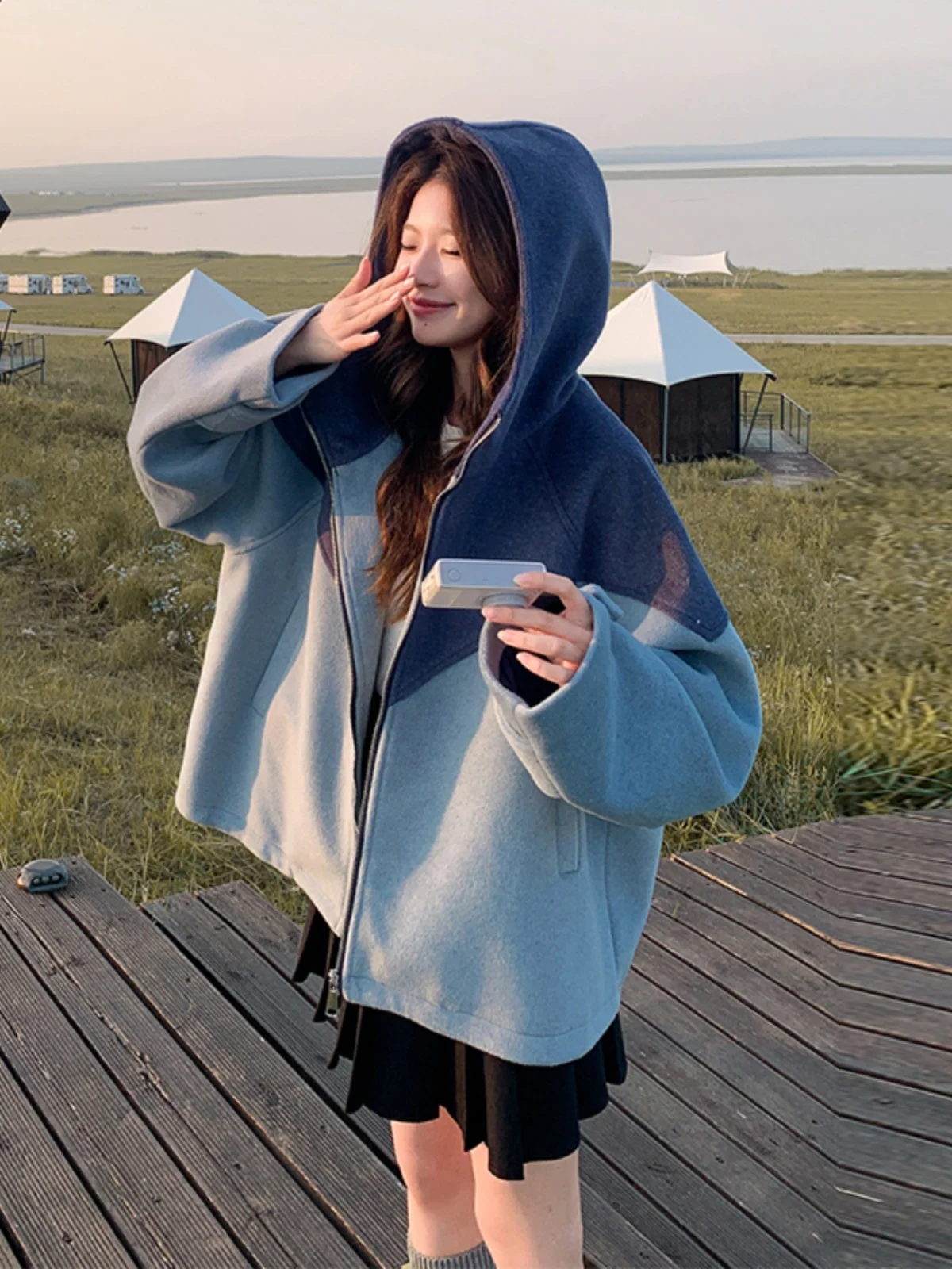 

Женское шерстяное пальто с капюшоном в корейском стиле, повседневное, осенне-зимнее, удлиненное, прямого кроя