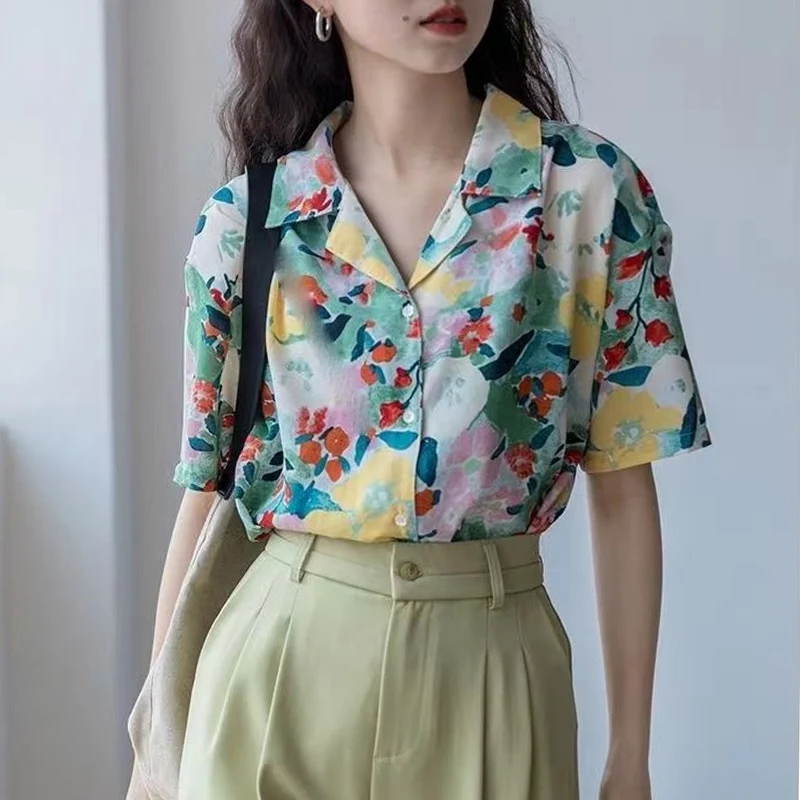 Summer Notched Fashion Short Sleeve Shirt Women Vintage Elegant Button Patchwork Cardigan High Street Casual All-match Blouse