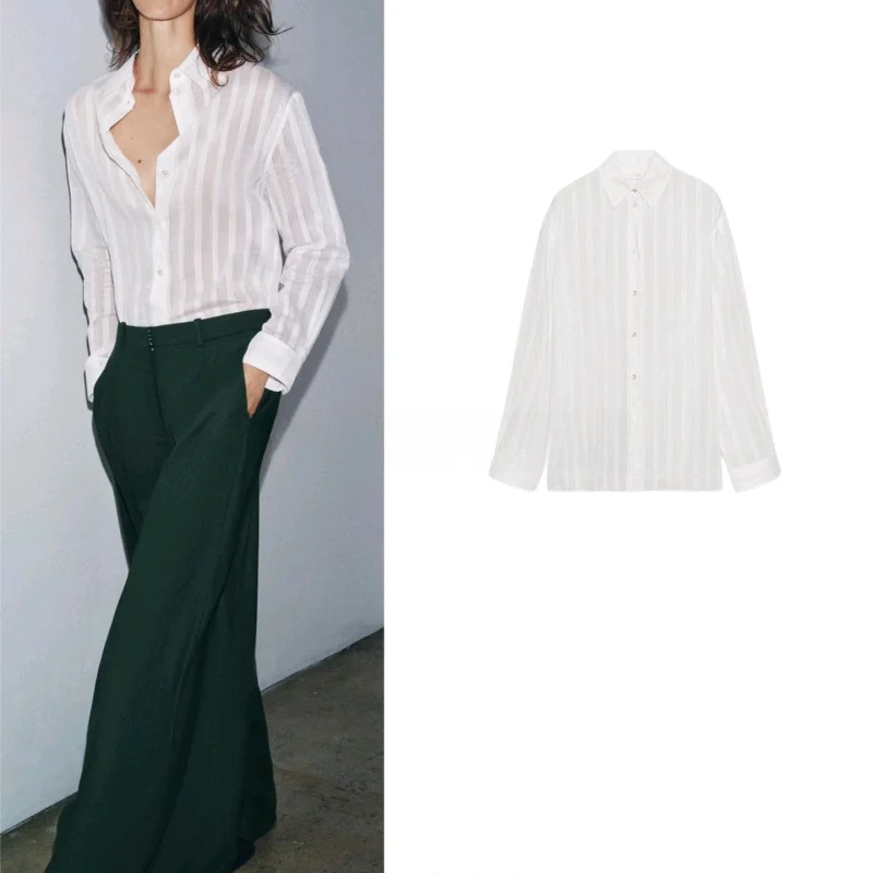 

Осенний женский асимметричный воротник с длинным светом из смеси хлопка и шелка в полоску, повседневный удобный дышащий ор...