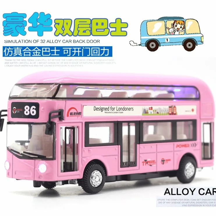 Ônibus turístico de camada dupla de liga, ônibus com ar condicionado, modelo de ônibus urbano, carro de brinquedo infantil com som e luz