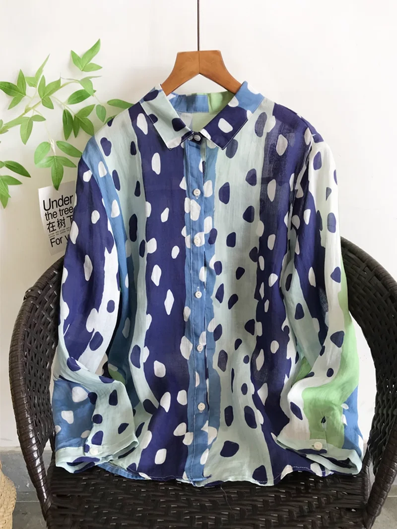 

100% Ramie linen shirts original blue polka dot print shirts blouses for women autumn spring vintage long sleeve tops