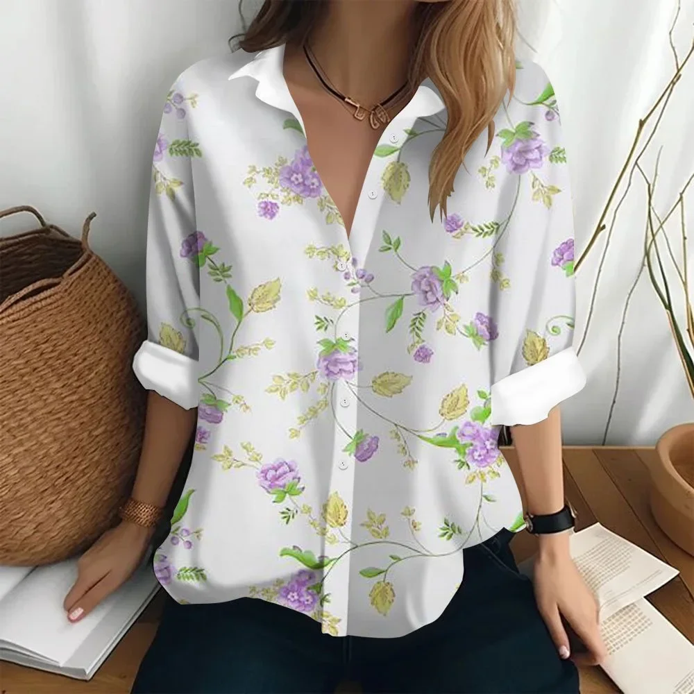 2024 New Women\'s Shirt Long Sleeve Relaxation Printed Collar Pocket Daily Beach Vacation Comfortable Top