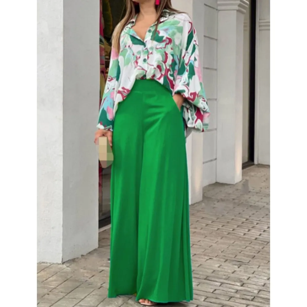 Spring Autumn New Women\'s Fashion Printed Single Breasted Shirt Solid Color Pants Casual Comfort Two Piece Set