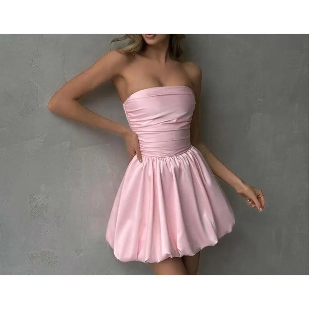 

Sexy One-Shoulder Strapless Satin Dress Women's Ruched A Hem Mini Dress Bodycon Solid Party Evening Dresses Ladies Summer