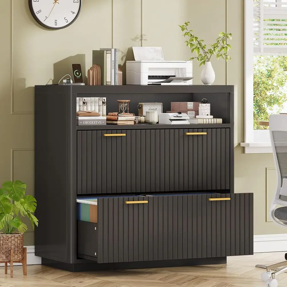 خزانة ملفات بذراع سوداء 31.5 مع حرف/قانوني/A4، وشريط طاقة، وتخزين حامل الطابعة