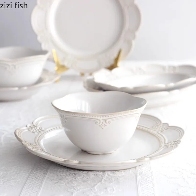 Palace Style Retro Ceramic Plate Relief Steak Plate Thick Soup Plate Fish Dish Dessert Sushi Plates Molecular Cuisine Tableware
