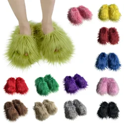 New Design Flat Bottom Fluffy Fuzzy Shoes Long Sheepskin Slide Women Faux Mongolian Fur Slippers 2023 winter fashion warm shoes