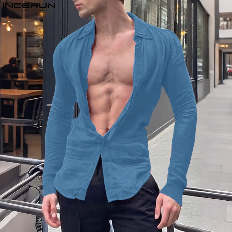 

INCERUN Men Shirt Solid Color Lapel Long Sleeve Button Streetwear Men Clothing 2025 Autumn Fashion Casual Basic Shirts Men Tops