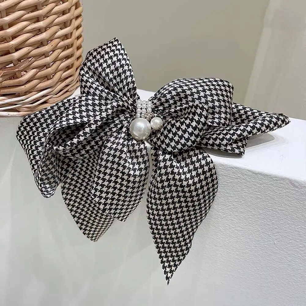 Retro Girls Plaid Pearl Pattern Women Spring Clip Bow Hair Clip Houndstooth Hair Accessories