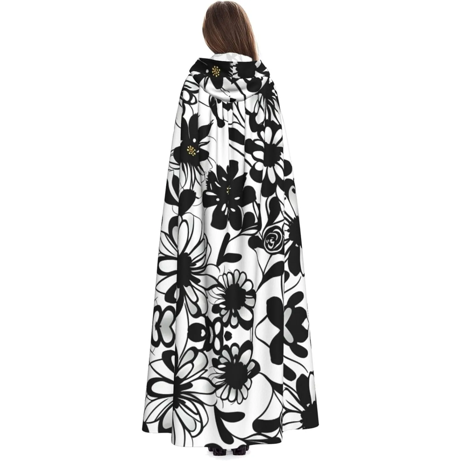 

Черно-белые цветы с принтом для взрослых, накидка с капюшоном, карнавальная праздничная накидка, халат для косплея, костюм для вечеринки, готический карнавал