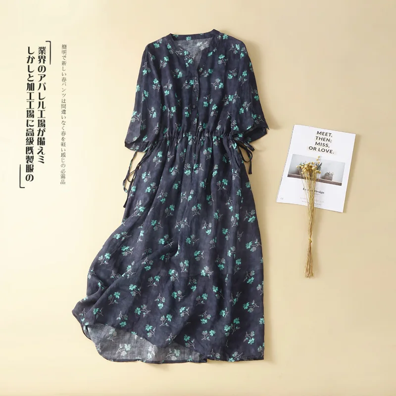 

V-neck Three-quarter Sleeve Cotton Blend Women Dress Floral Print Vintage Drawstring Loose Casual Summer Dress