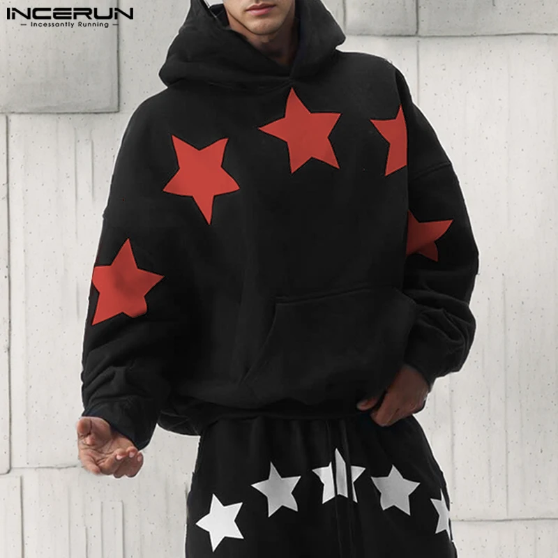 INCERUN New Men's Clothing Stylish Star Printed Pullover Hoodie Male Streetwear Loose Long Sleeved Hoodie Sweatshirts S-5XL 2024