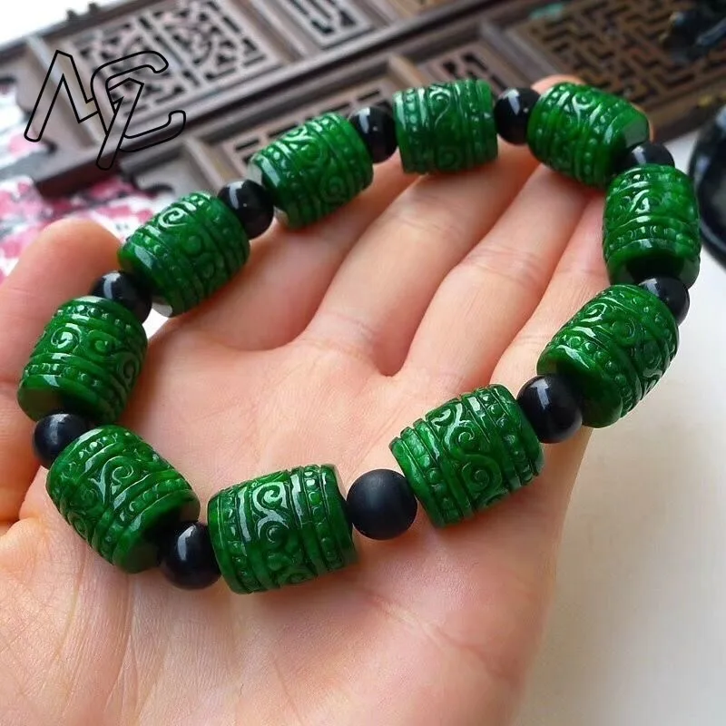 Natural A Green Jade Carving Money Beads Bracelet Bangle Charm Jadeite Jewellery Fashion Accessories Amulet Gifts for Women Men