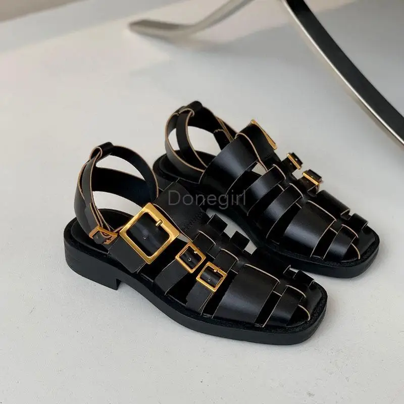 Donegirl 2023 New Women Summer Leather Weave Hollow Out Square Head Roman Sandals Solid Simple Casual Flat Shoes Female Chic