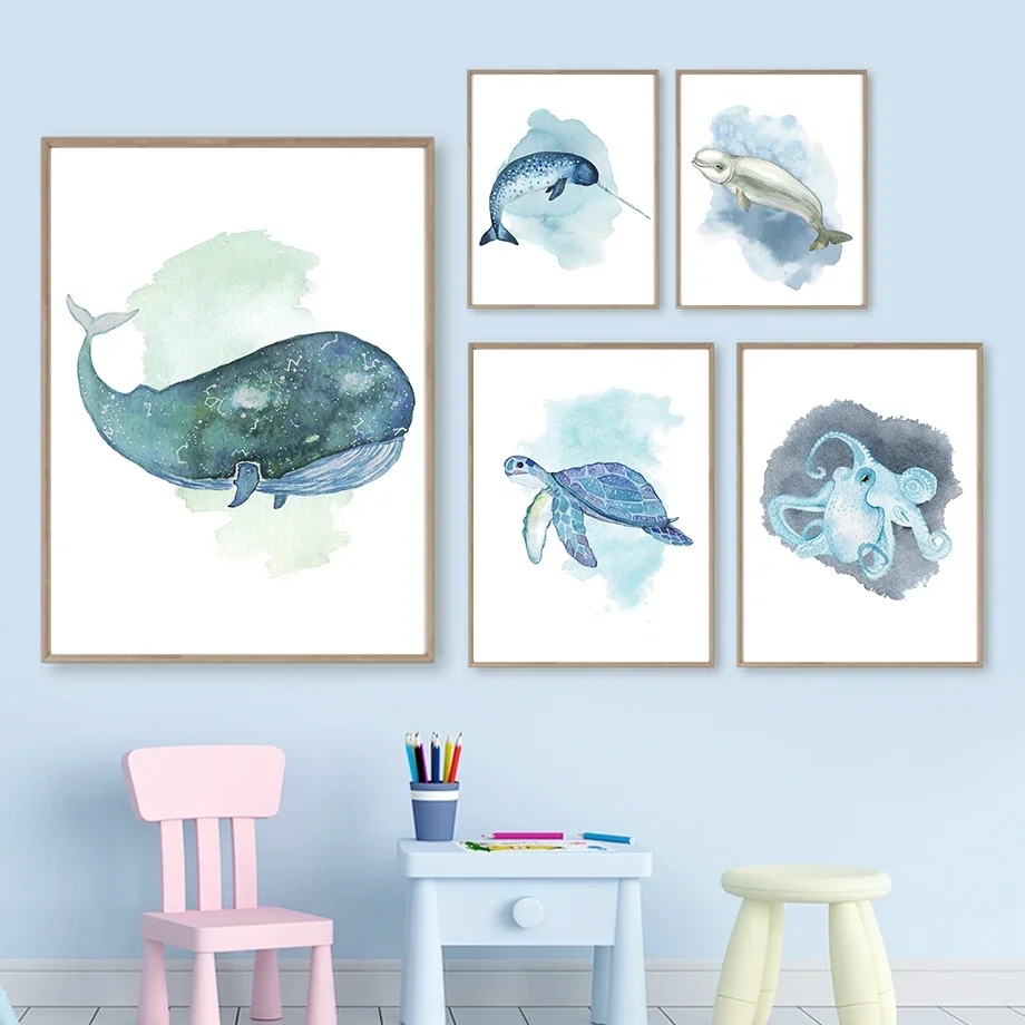 Cuckold Sperm Whale Dolphin Narwhal Shark Squid Wall Art Canvas Painting Nordic Posters And Prints Wall Pictures Kids Room Decor