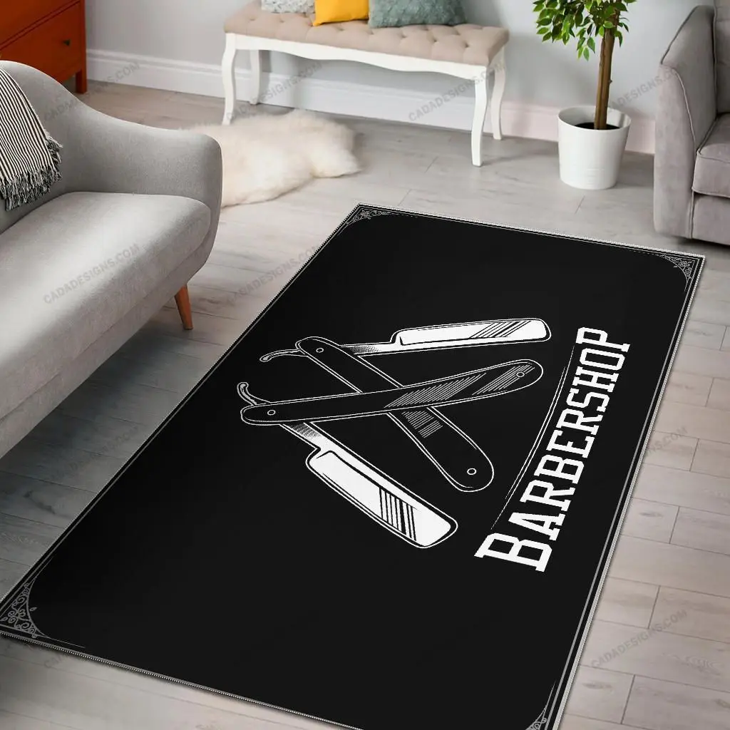 Living Room Mat Crossed Straight Razors Printed Large Rectangular Carpet Vertical BARBERSHOP Typography for Salon Sofa Floor