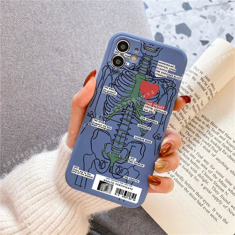 Red Love Skeleton Diagram Square Liquid Silicone Phone Case For iPhone 11 13 12 Pro MAX XR XS SE2 7 X 8 15 Plus Skull Soft Cover