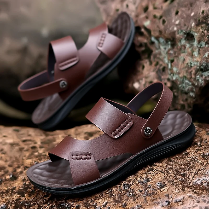

Casual Two Ways Wear Genuine Leather Slippers Summer Beach Sandals Non Slip Comfortable Lightweight Durable Outdoor Seaside