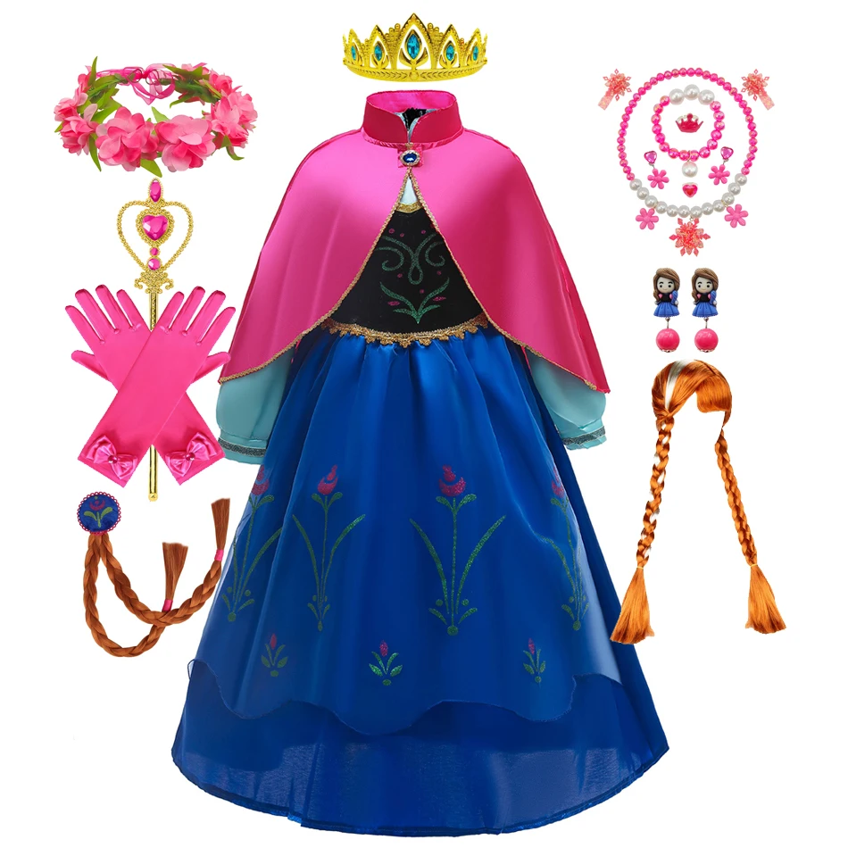 Anna Coronation Dress With Cloak Cartoon Movie Princess Cosplay Outfit Girl Halloween Disguise Costume Birthday Party Fancy Gown