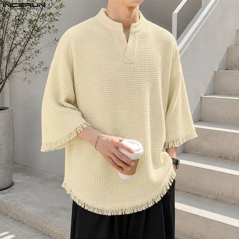 INCERUN Men's Shirt Tassel Solid V Neck Half Sleeve Tops Men Clothes Summer Loose Korean Style Casual Shirts For Man Harajuku