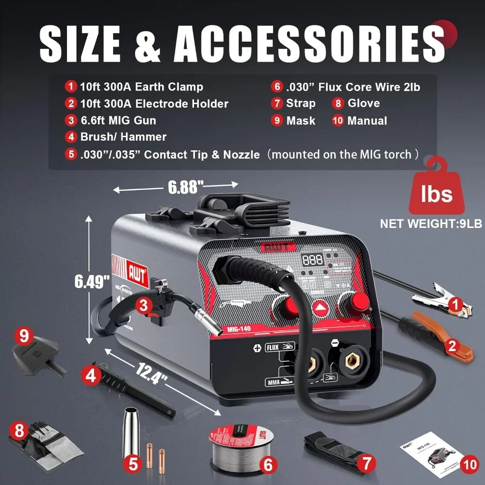 Portátil Gasless Soldador MIG, 2 em 1 Máquina de solda com o inversor Synergy IGBT, Flux Core Stick, 110V, 140Amp