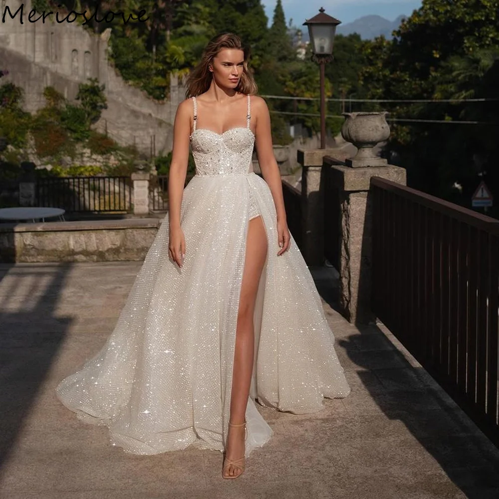 Merioslove abiti da sposa Glitter Sweetheart Spaghetti Straps Side Split a-line abiti da sposa lucidi abito da sposa scintillante 2024