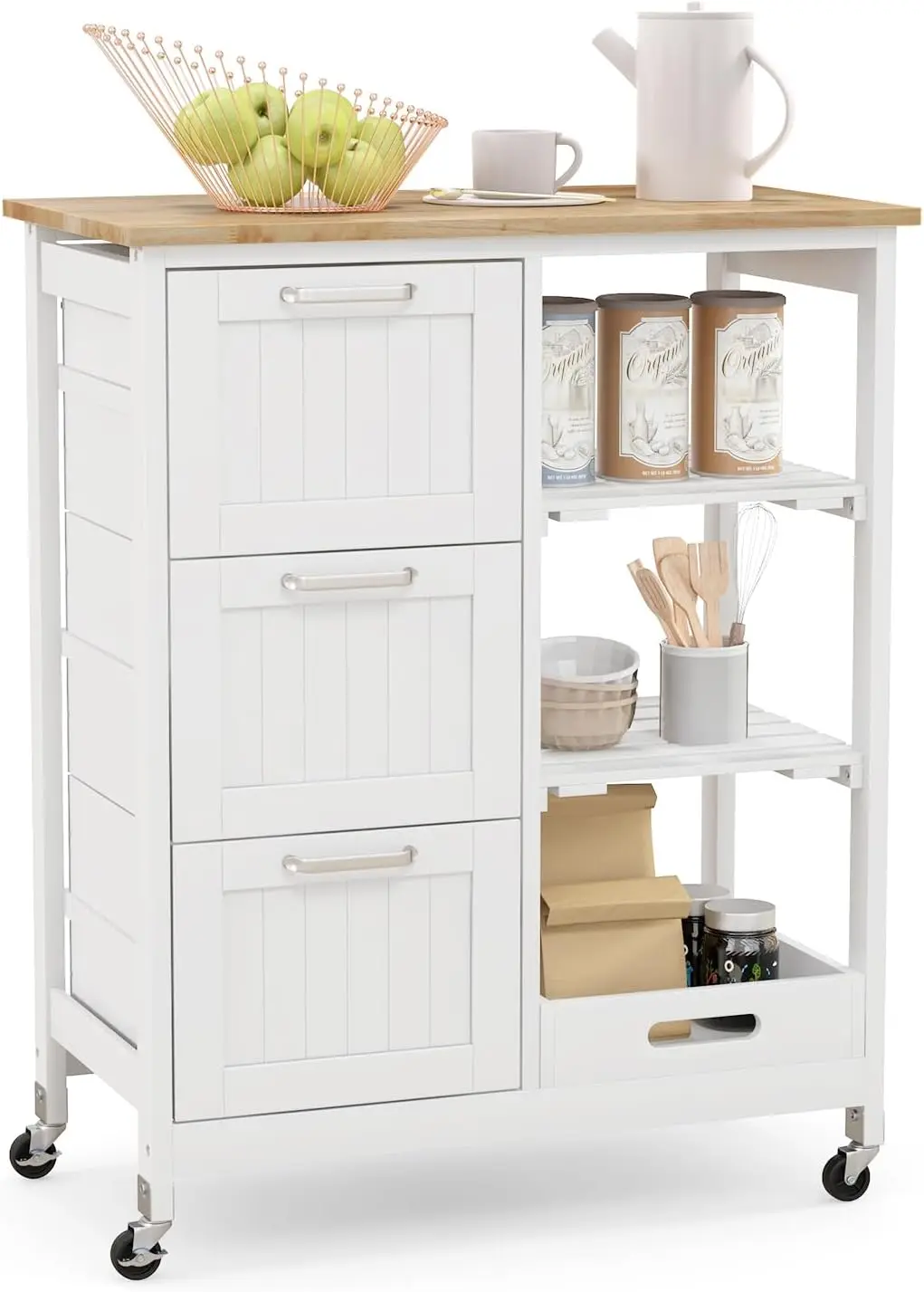 Kitchen Island Cart on Wheels with Storage, Versatile Rolling Cart with Wood Countertop, 3 Drawers, Removable Tray & Lockable Ca