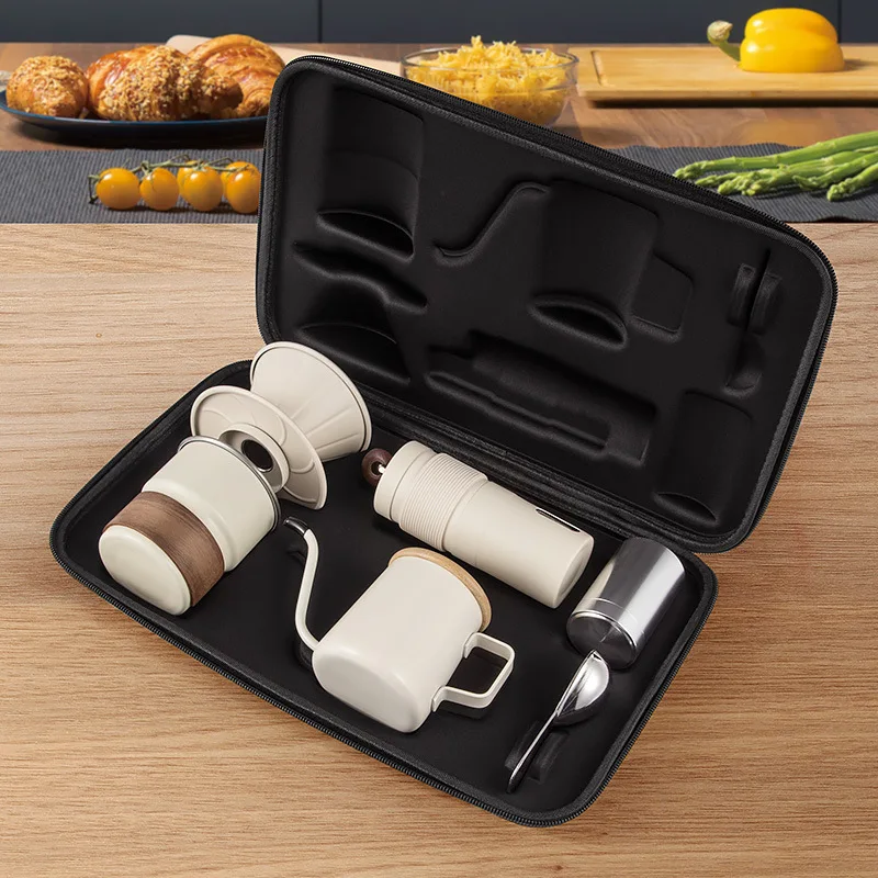 Camping Set Coffee Kit comes with a luxury manual metal grinder 600ml pour over a kettle and drip packaging
