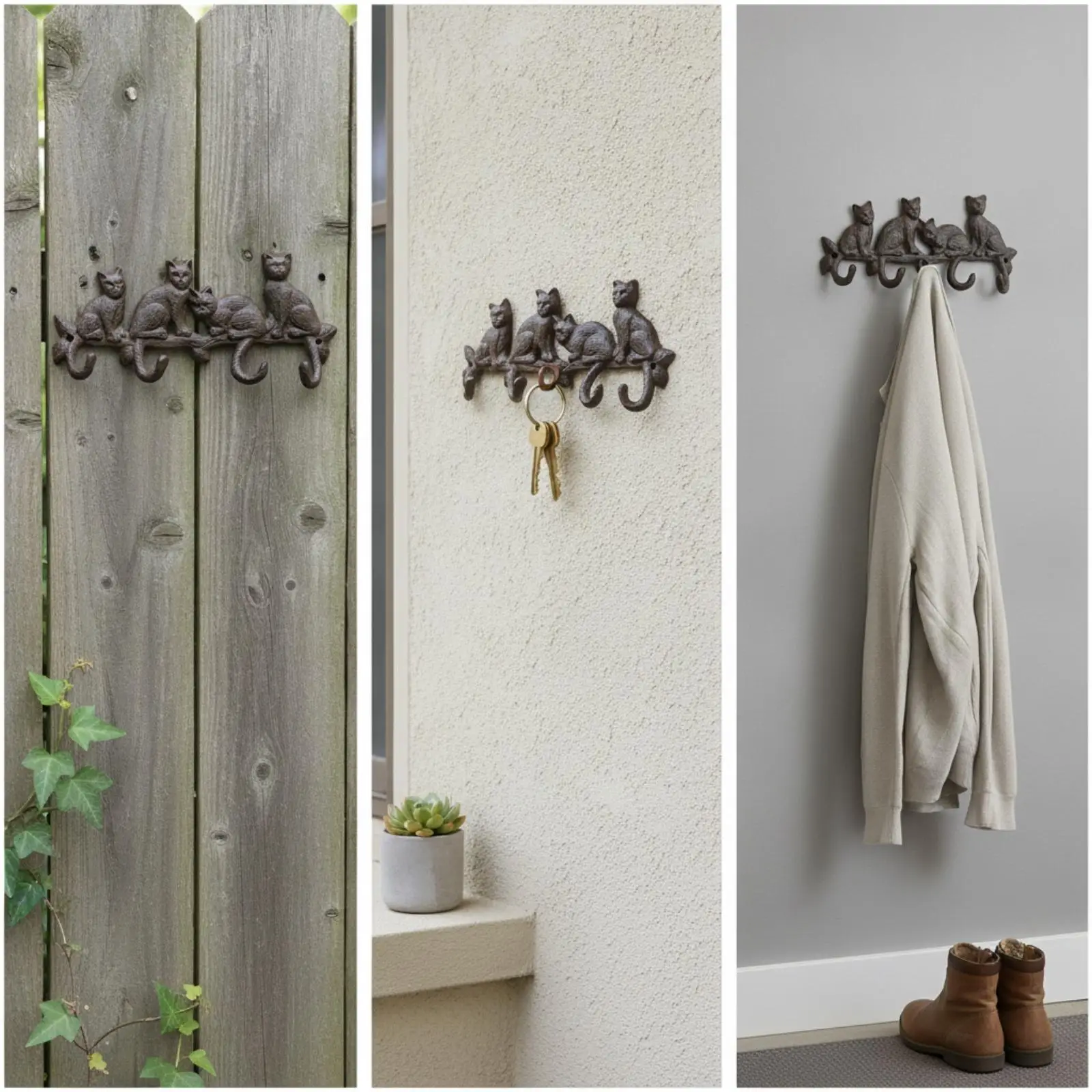 Wall Hanging Cat Hook Rustic Cast Iron Coat Rack with Relief Design for Mudroom Patio Decor Space Saving Storage