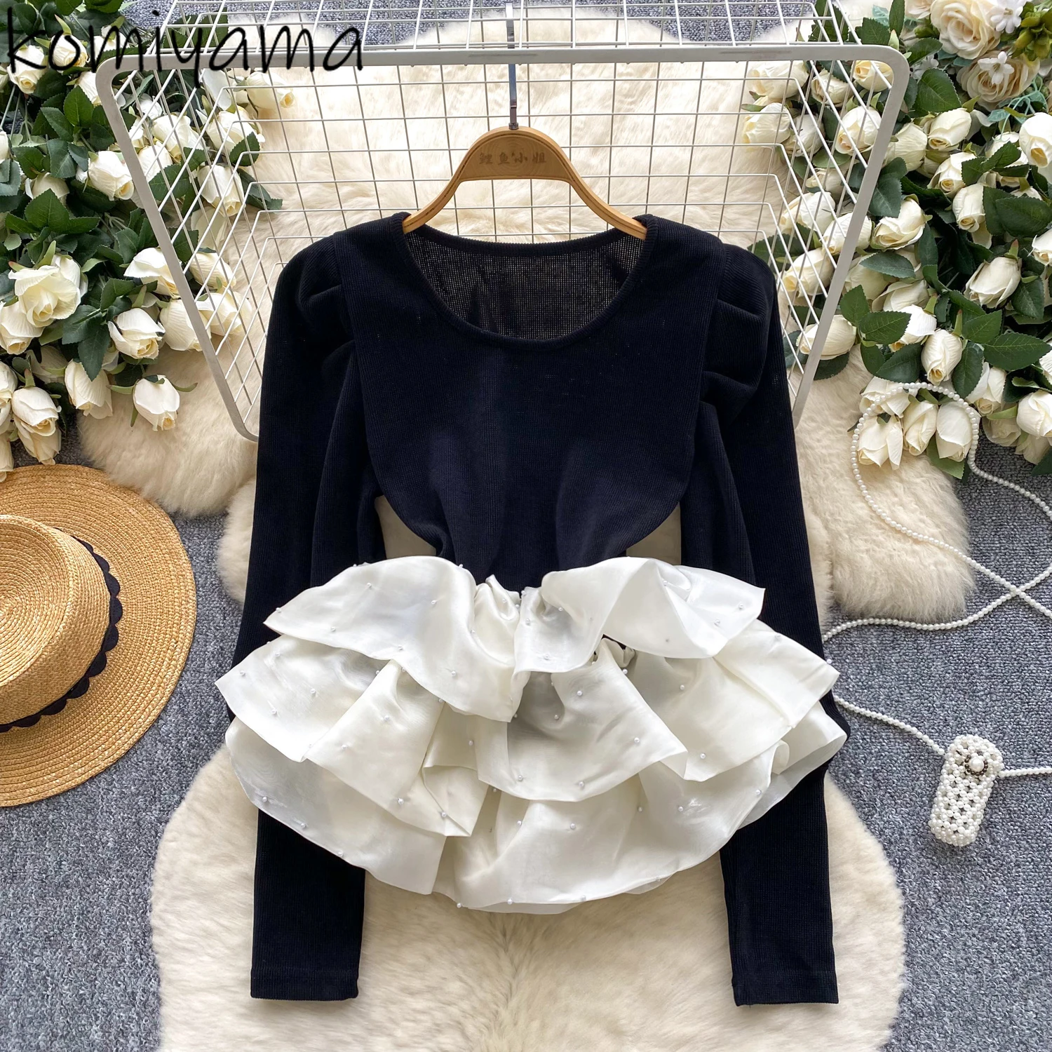

Beads Ruffles 2025 Ropa Mujer Bubble Sleeve Shirts & Blouses Tunic Tops Small Fragrance Blusas Corduroy Patchwork Camisas
