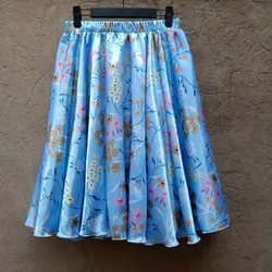 60cm Length Summer Spring Thin Satin Sexy Women Skirt Floral Print High Waist Sleeping Loose Bottoms