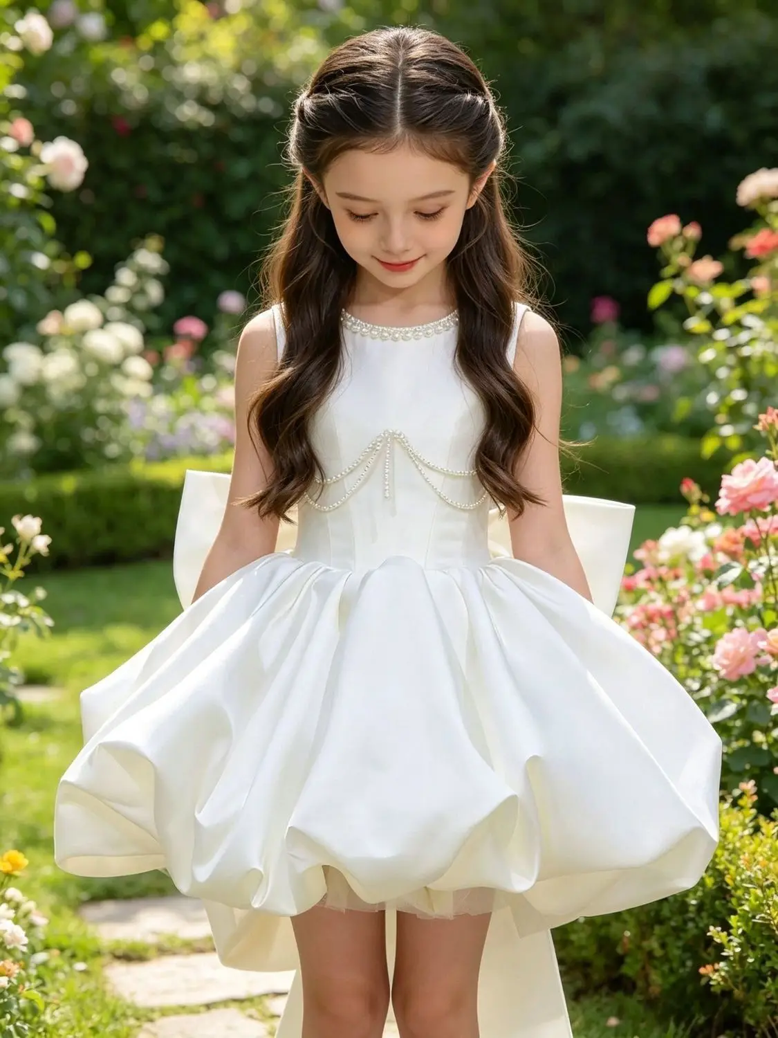 Girls White Satin Dress Fluffy Skirt Wedding Flower Girl Birthday Host Performance Costume 2026 New